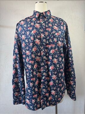 GAP Modern Oxford Navy Blue Floral Button-Down Shirt Size Large
